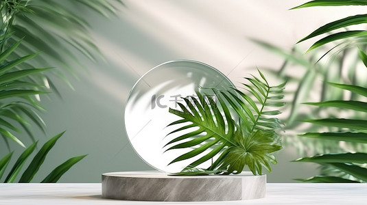 浅色大理石背景图片_浅色大理石背景上带有天然棕榈叶的透明玻璃讲台的 3D 渲染，用于展示化妆品