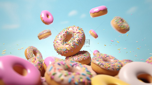 空中甜甜圈在 3D 渲染的柔和背景下呈现各种釉面美食
