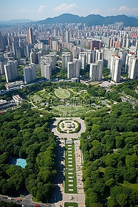 从这个公园的上方鸟瞰亚洲大城市