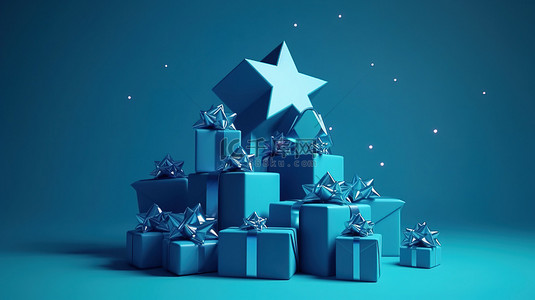 闪亮蓝色背景背景图片_圣诞横幅模板闪亮的星星和一堆礼物在蓝色背景下的 3D 渲染