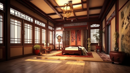 中式主题房间的 3D 室内设计渲染