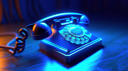 蓝色霓虹灯照明固定电话的近距离 3D 插图