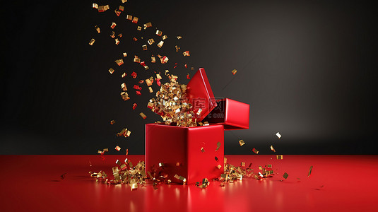 红色礼盒的 3d 插图，金色丝带落在背景渲染上
