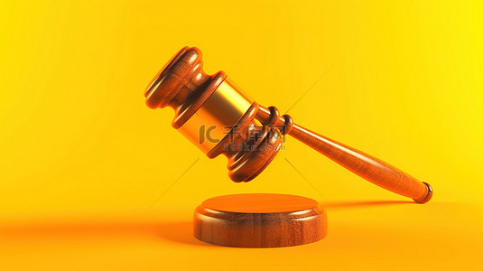法庭拍卖现场黄色背景上木槌的权威符号 3D 渲染