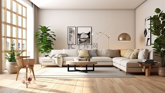 具有斯堪的纳维亚设计元素的现代客厅内部模型