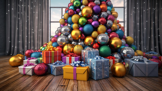 红色圣诞节背景背景图片_挂在树上的充满活力的圣诞饰品的 3D 渲染