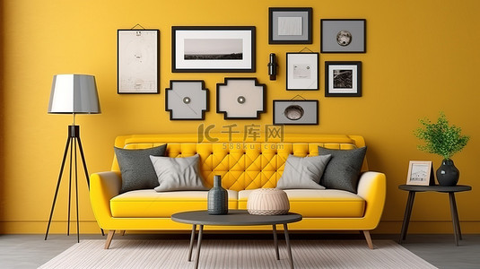 现代黄色客厅配有沙发和家具，墙壁上装饰着 3D 相框