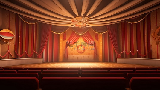 电影院展台背景图片_马戏团和站立场景内部的 3D 渲染，配有电影院的舞台窗帘