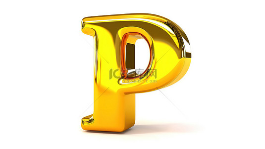 白色背景上大写的光泽金属字母 p，带有 3d 渲染的黄色汽车油漆字体