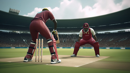 使用玩家角色和锦标赛设备创建英格兰与西印度群岛板球比赛的 3D 渲染