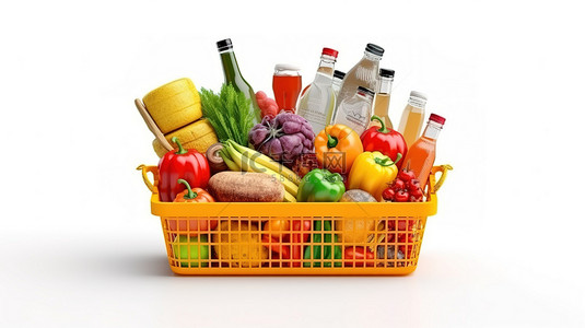 杂货食品背景图片_各种杂货排列在塑料购物篮的白色 3D 渲染中