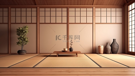 室内简约装饰背景图片_简约的日本禅宗室内原始木制房间，配有榻榻米垫和墙壁 3D 渲染