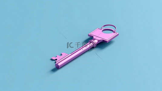 纯蓝色背景上单粉色钥匙串的简约 3D 渲染