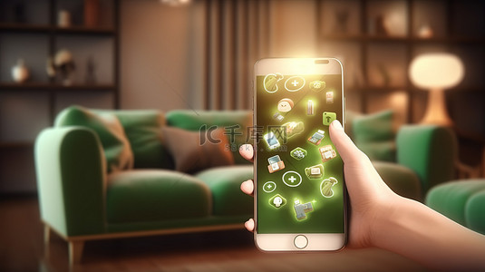 可爱的手握智能手机上的 Whatsapp 图标，在未来派客厅 3D 渲染现代生活方式概念