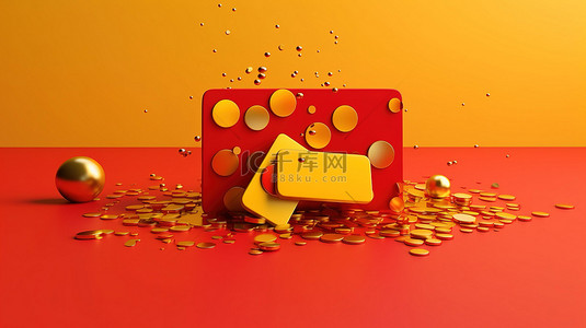 3D 渲染新年礼品卡，带有快乐的黄色和圣诞红色背景