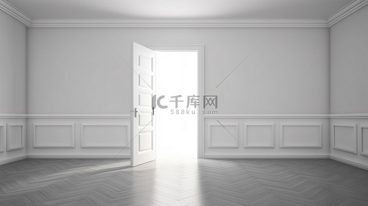 3D 渲染一个无人居住的房间，有一扇敞开的白色门
