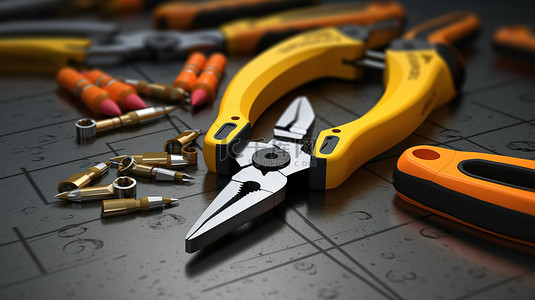 维修服务力背景图片_用于家庭维修和建筑的基本手动工具，配有钳子切割器胶带和棘轮3D 插图