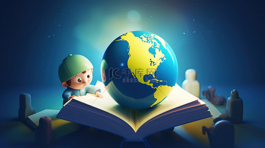 婴儿合影背景图片_孩子在地球上阅读儿童书籍的 3D 插图
