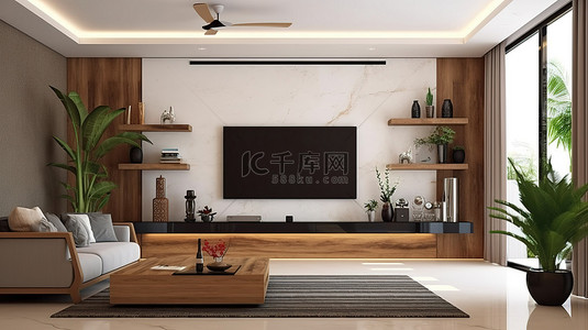 设计生活创意背景图片_带木制电视控制台的客厅的 3D 渲染插图