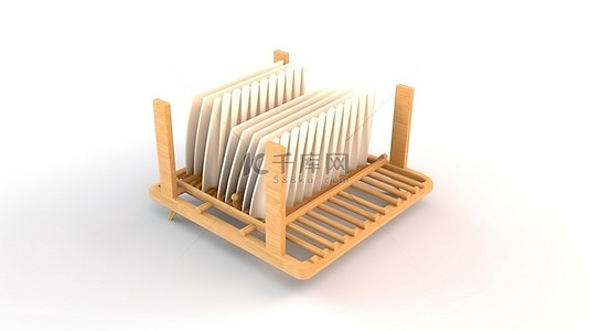 空木盘背景图片_厨房中带有竹盘干燥架的白色背景的 3D 渲染