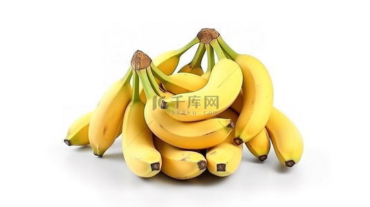 白色背景的 3D 渲染与一堆成熟的黄色香蕉