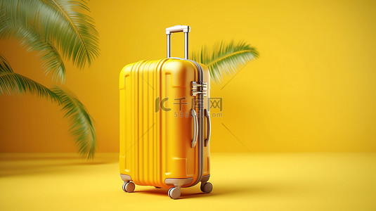 黄色旅行箱的 3D 渲染，带有茂密的热带棕榈叶