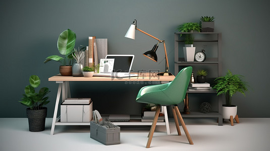 电脑椅背景图片_用于远程工作内容的家庭办公室和工作站的 3D 渲染