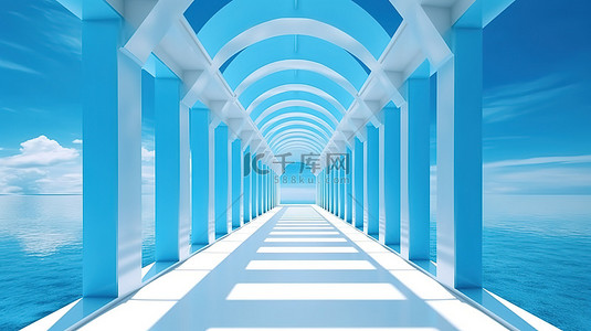 城市蓝天背景背景图片_令人惊叹的 3D 几何走廊映衬着华丽的蓝天