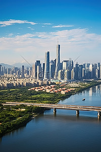 照片中国城市天际线与水面上的一座桥