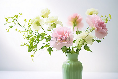 白色表面上的两个花瓶里有两朵粉色和白色的花