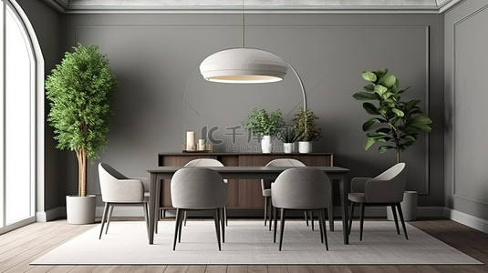 带桌柜和植物的灰色餐厅设置的 3D 渲染