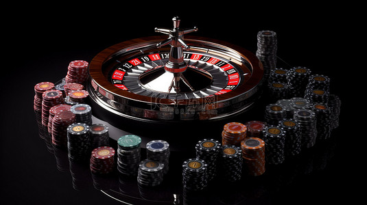 黑色背景扑克牌背景图片_ace high fun 3d 渲染轮盘，黑色背景上带有扑克牌筹码和骰子