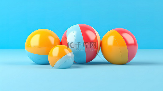 彩球装饰背景图片_蓝色背景的简约 3D 渲染，装饰着沙滩球，非常适合夏季