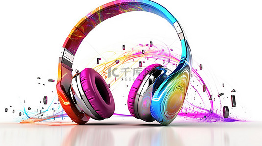 音乐的背景图片_白色背景上带有音符的彩色耳机的 3D 渲染