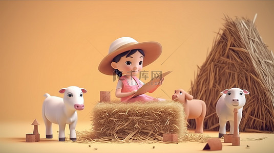 戴着草帽的孩子照顾农场动物 3d 插图