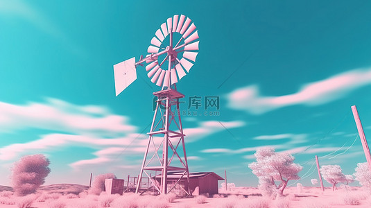 农业风车背景图片_复古粉色风车庄园，带有双色调口音，蓝色背景 3d 渲染