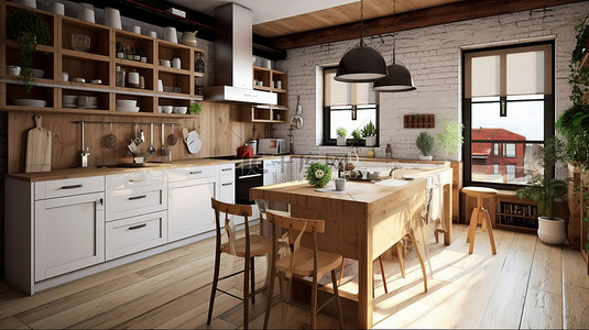 具有现代风格和木质装饰的传统厨房 3D 渲染