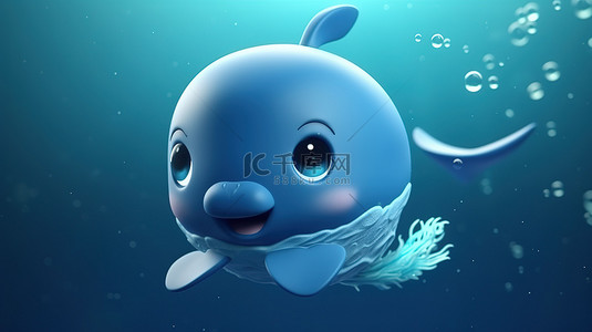 可爱小海豚背景图片_3D 渲染插图中鲸鱼 narwal 和小头鼠海豚的可爱卡通人物