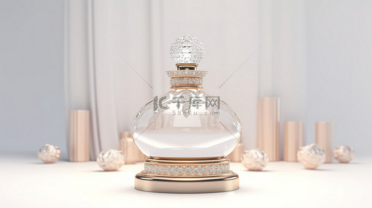 奢华美女背景图片_精致的女士香水瓶，白色背景上镶有钻石，3D 效果