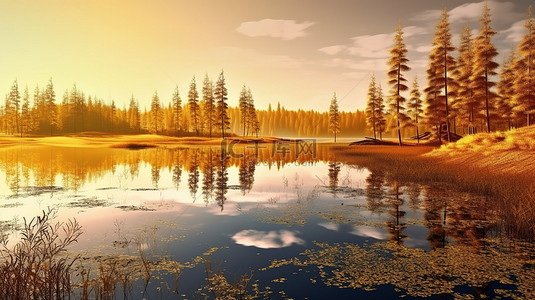 日出时湖面倒影的华丽 3D 渲染，以黄色树木和草为特色