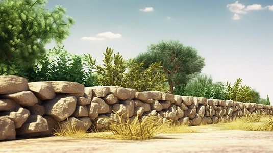 白色小栅栏背景图片_以 3d 形式呈现的围绕一段土地的石栅栏