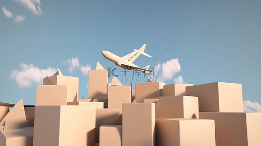 空运背景图片_蓝天背景下带有喷气发动机和飞机机翼的纸板包装的空运交付理念 3D 渲染