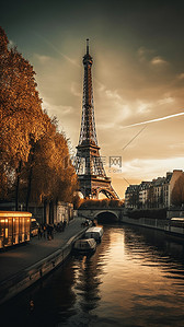法国埃菲尔背景图片_埃菲尔铁塔河流城市旅游背景