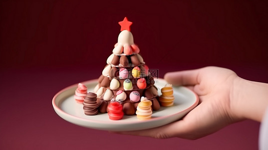 手和心背景图片_女性的手抓住一个盘子，上面装饰着圣诞老人和圣诞树形状的 3D 巧克力甜点