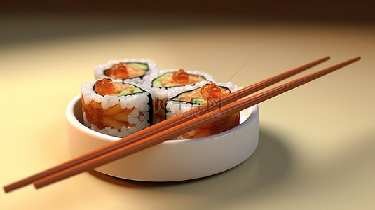 筷子食物背景图片_手握寿司卷和筷子的 3D 渲染