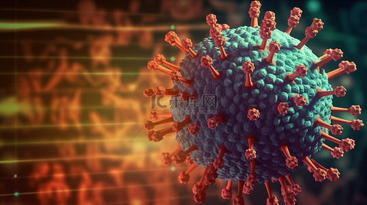 3D 渲染的 omicron 病毒，背景为实验室图表