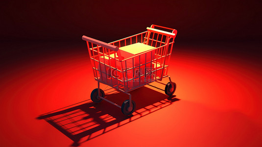 在线购物制作了红色背景下带纸板箱的购物车的逼真 3D 渲染