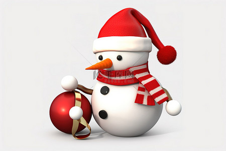围巾可爱背景图片_圣诞卡通白色雪人，戴着红围巾，透明背景上有红球
