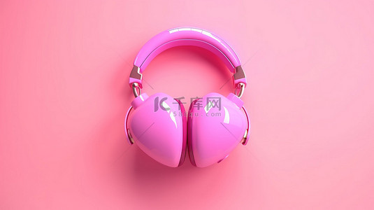 音乐心形背景图片_3D 插图中粉红色孤立背景上的心形粉红色耳机