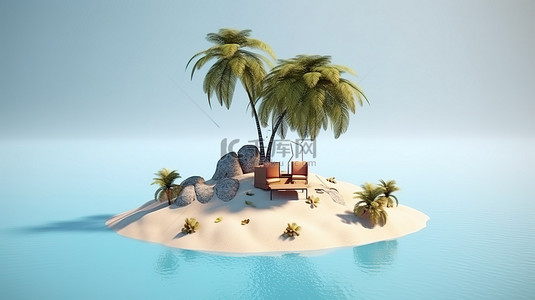 3D 渲染的热带度假孤岛，配有沙滩椅伞球沙滩和棕榈树